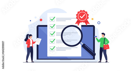 Detailed Examination and Verification of a Document with a Magnifying Glass and Checklist Showing Approval and Compliance Assurance