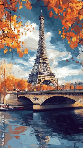 Autumnal Eiffel Tower by river, colorful
