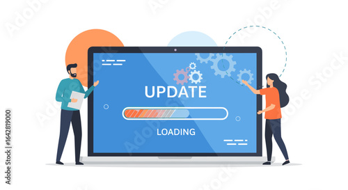 Software Update Process Progress Bar Loading Screen with People Illustrating Technology Advancement and Data Transfer
