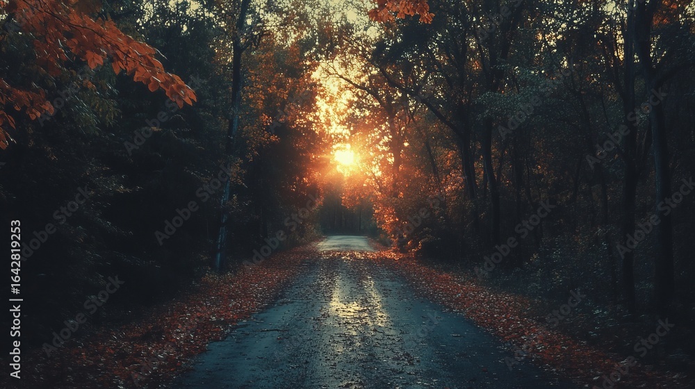 Fototapeta premium Autumnal forest path at sunset