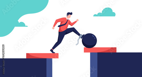 Businessman Overcoming Obstacles and Challenges with a Ball and Chain Limiting His Progress