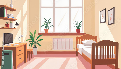 Modern minimalist college dorm interior design with potted plants, comfort