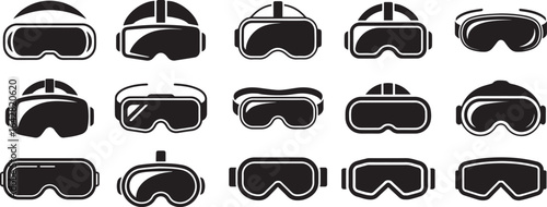 Black Silhouette Ski and Snowboard Goggles Icon Set Winter Sports Equipment Collection, ski goggles icon set, snowboard goggles silhouette, winter sports eyewear, ski mask vector