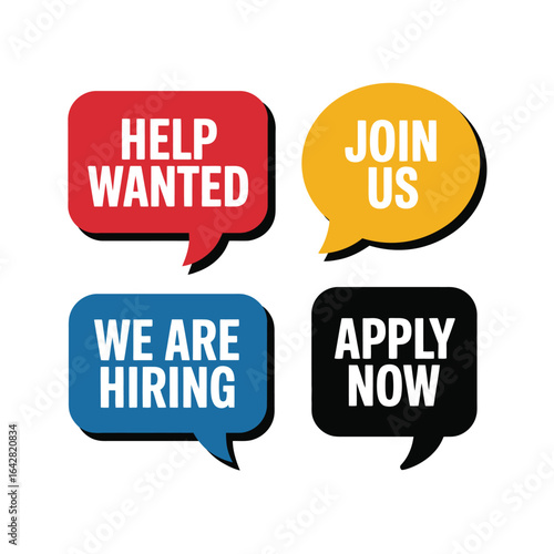 Four speech bubbles announcing help wanted join us we are hiring apply now