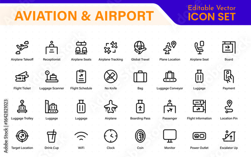 Aviation and Airport vector line icon set. Contains linear outline icons like Plane, Ticket, Baggage, Seat, Wifi, Bag, Departure, Terminal, Transport, Luggage, Airplane.