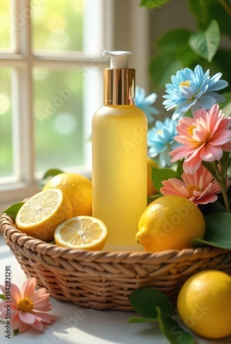 Refreshing Citrus-Scented Body Wash in a Wicker Basket with Blooming Flowers by a Sunlit Window