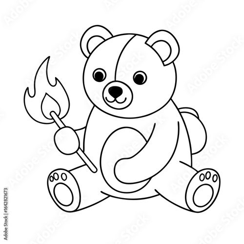 black outline printable bear roasting marshmallow