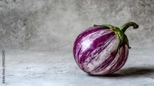 A vibrant, patterned eggplant rests on a textured surface.