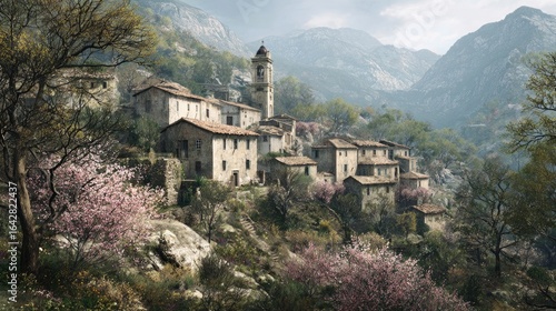 Wallpaper Mural Mountain village, pastel hues, blooming trees Torontodigital.ca