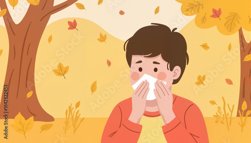 Child rubbing eyes with tissue in autumn park, fall allergy season