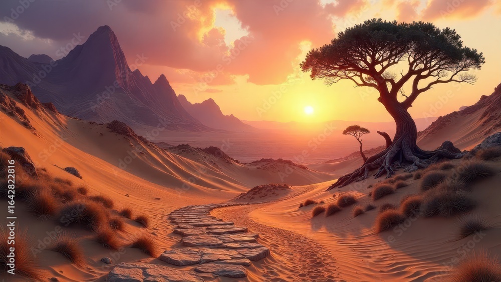 Naklejka premium Serene Sunset Over a Sandy Path Winding Through Majestic Mountains and a Lone Tree