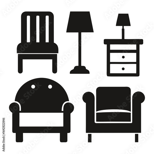 Collection of furniture silhouettes including chairs lamps and a nightstand isolated on white background silhouette
