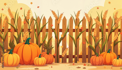 Vibrant pumpkins against wicker fence with cornstalks, Harvest festival