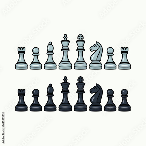 Complete set of chess pieces in light blue and black