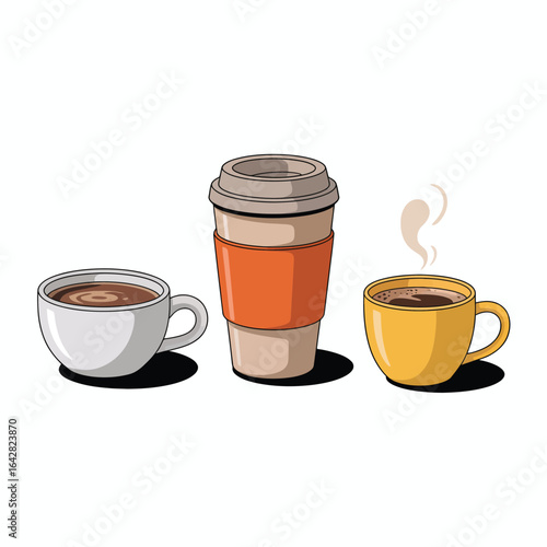 Three cups of coffee and a travel mug on a white background