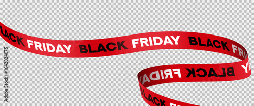 Abstract ribbon with Black Friday lettering. Curved red atlas ribbon with Black Friday lettering. Realistic ribbon for decoration of Black Friday sale, advertising, discount offer, social media.