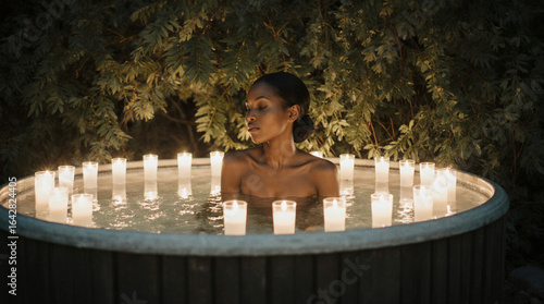 A young African woman sitting in an outdoor hot tub surrounded by candles and fresh eucalyptus branches, soft golden hour light illuminating the scene, creating a luxurious spa-like atmosphere.