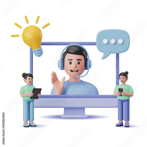 3d illustration of customer support team assisting with online communication