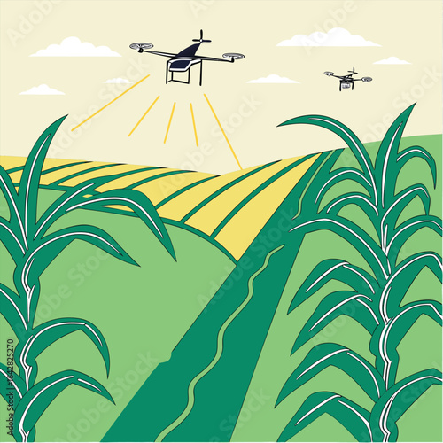Drones surveying a vibrant cornfield, modern farming with cutting-edge technology for agricultural growth