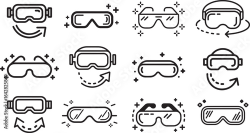 Line Style Ski and Snowboard Goggles Icons Winter Sports Equipment Vector Set, ski goggles line icons, snowboard goggles outline, winter sports eyewear, ski mask outline vector