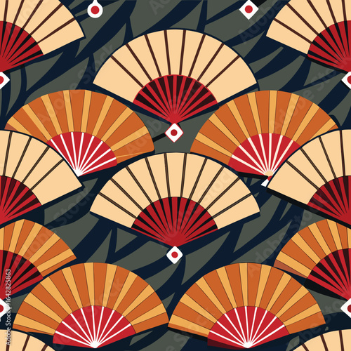 Open fans decorative pattern with red white and orange vector