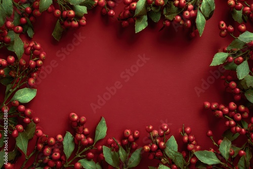 Wallpaper Mural Festive Red Berries and Green Leaves Frame on Deep Red Background Torontodigital.ca
