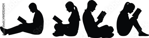 Silhouette of people reading books, sitting positions, educational concept, learning, literature, peaceful, focus, hobby, leisure, black and white, vector illustration, intellectual activity