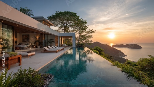 Modern villa with infinity pool overlooking sunset ocean view