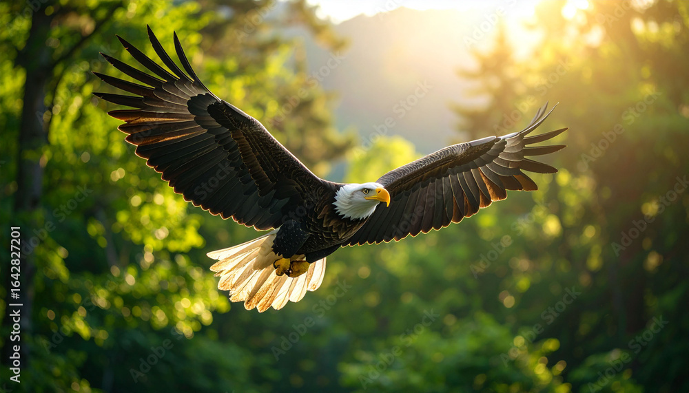 Fototapeta premium Majestic Bald Eagle Soaring Above Lush