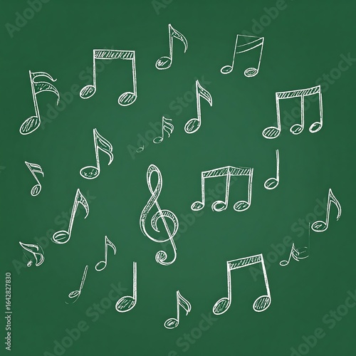 Hand-drawn music notes on green chalkboard