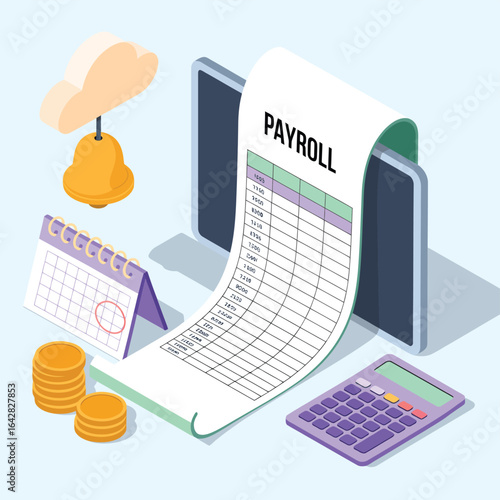 Digital payroll processing with calendar coins and calculator for business finance