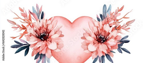 Watercolor heart bouquet with pink flowers and greenery on white background