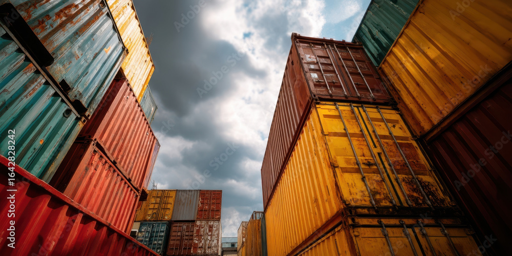 Fototapeta premium Shipping container cargo stacked industrial storage transportation colorful wide shot low angle cloudy sky metal logistics