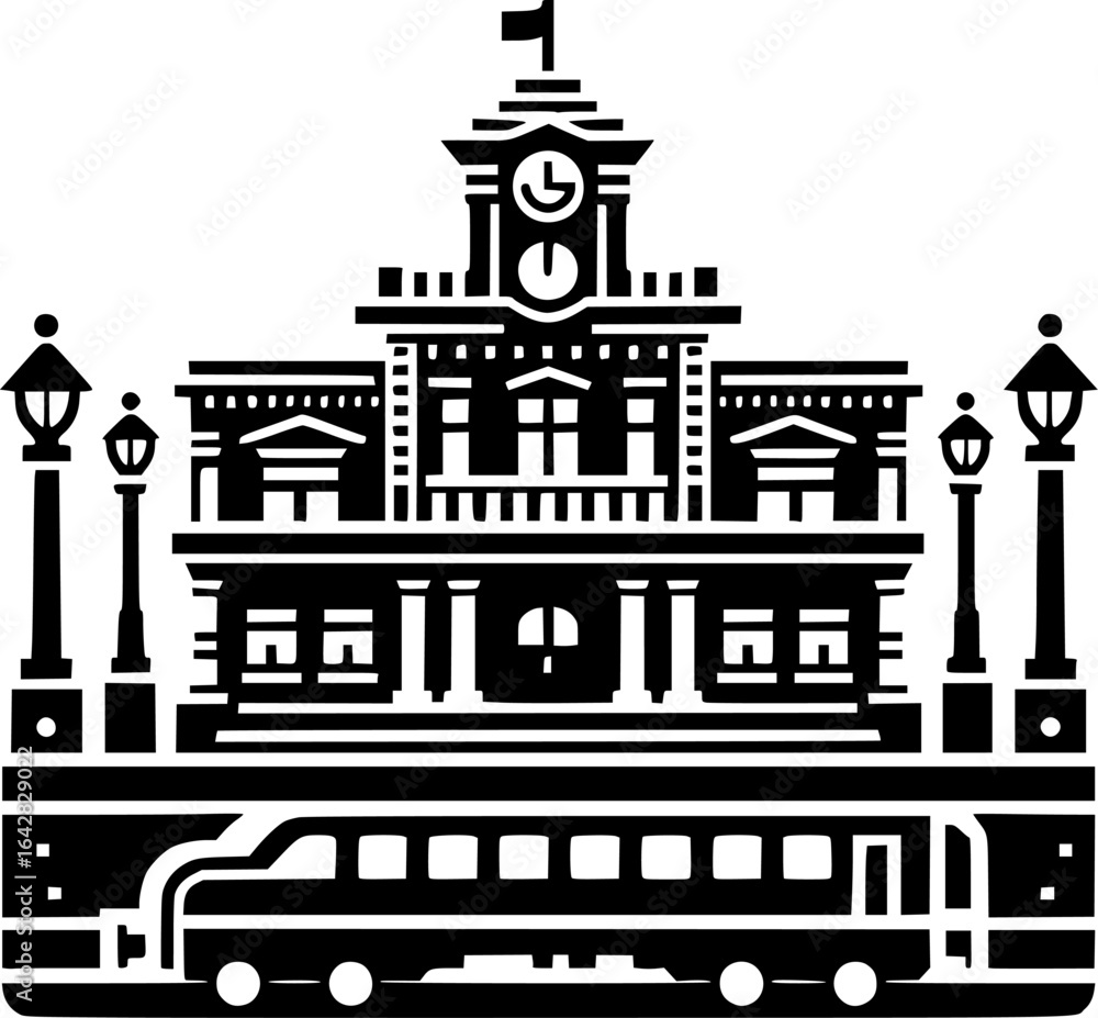 Fototapeta premium Minimalist black and white train station, clean lines, isolated on white, perfect for stickers, logos, and digital use.