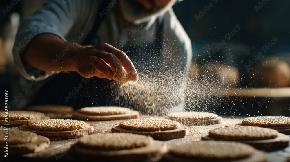 Fototapeta premium Medium shot of a baker sprinkling algaebased vitamin powder onto vegan communion wafers the focused action contrasting with an outoffocus rustic bakery setting.