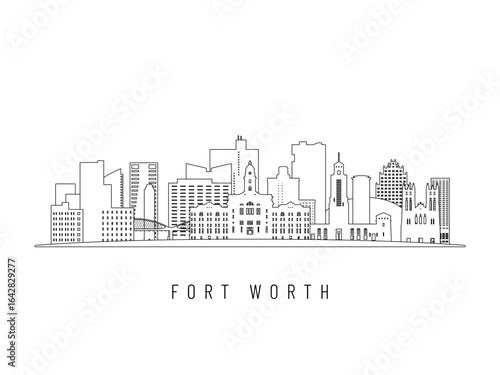Detailed Fort Worth skyline vector illustration. Fort Worth buildings in line art style, perfect for modern designs.