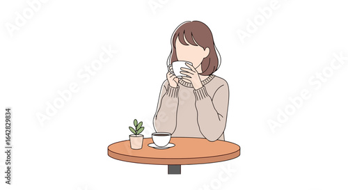 Minimalist Illustration of a Woman Enjoying Coffee at a Cafe, Perfect for Social Media, Blog Posts, and Website Content, conveying relaxation and everyday life.
