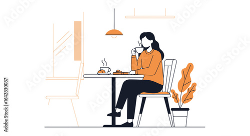 Illustration of a woman enjoying coffee and pastries in a cafe setting, perfect for showcasing lifestyle, food and beverage, or modern living concepts.