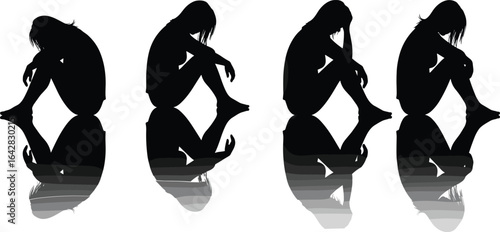 Silhouette of thoughtful person, emotional reflection, mental health awareness, artistic expression, serene mood, introspective pose, peaceful scene, sitting alone