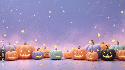 cute happy Halloween Vector illustration banner. Night purple halloween theme background banner. 3D Halloween pumpkins with glowing jack-o'-lanterns and stars. 