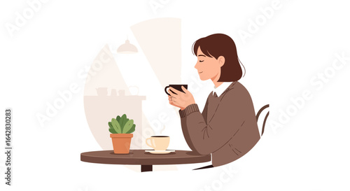 Serene Coffee Break Illustration Featuring a Woman Enjoying a Hot Beverage in a Minimalist Setting. Ideal for articles about relaxation, mindfulness, or cafe culture.