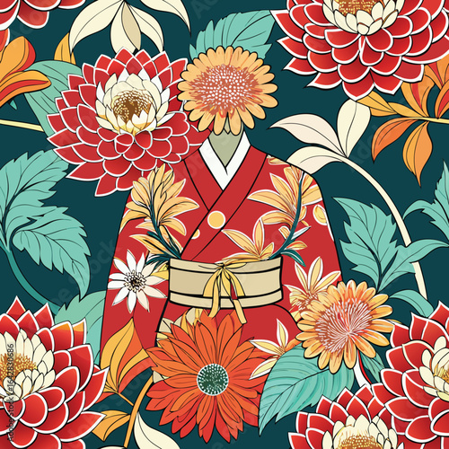 Vibrant red chrysanthemum floral kimono pattern orange