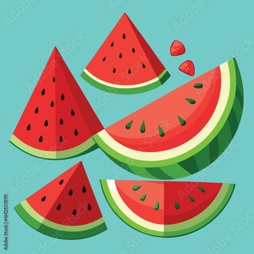 Vibrant red watermelon slices with black seeds and green rind fruit food