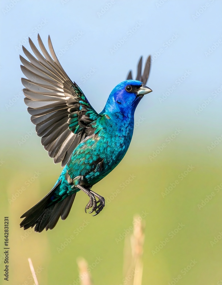 Obraz premium A vibrant blue bird in flight, wings spread wide, against a softly blurred green background