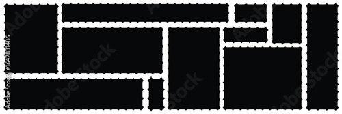 Postcard stamps template set. Blank postage stamps. Set of frames in shape of squares and rectangles of various sizes with zigzag edges. EPS 10