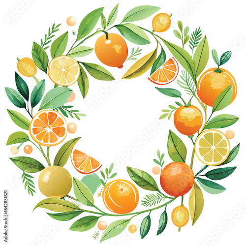 Watercolor citrus wreath with oranges lemons and leaves vector