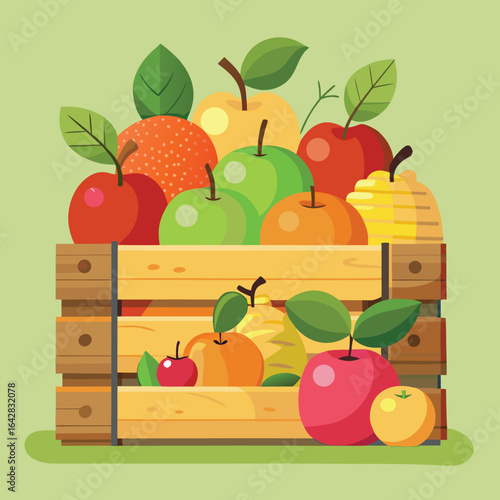 Wooden crate overflowing with colorful apples and pears harvest