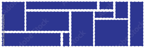 Postcard stamps template set. Blank postage stamps. Set of frames in shape of squares and rectangles of various sizes with zigzag edges. EPS 10