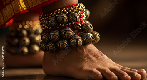 Close-up of close-up of traditional ghungroo bells tied around dancer’s ankle, showcasing traditional Indian dance attire.