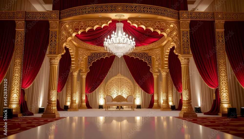 Fototapeta premium Grand Indian wedding stage with golden carved arches, deep red drapes, and crystal chandeliers
